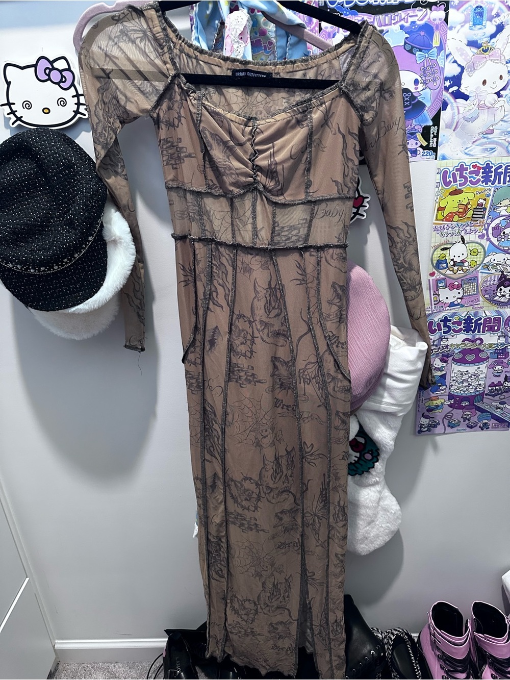 Urban Outfitters Taupe Long Sleeve Sheer Overlay Maxi Dress
